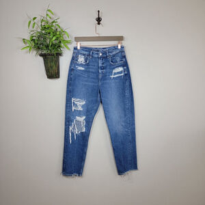 American Eagle Mom Jeans Hi Rise Tapered Leg Medium Blue Distressed Ripped AE 6